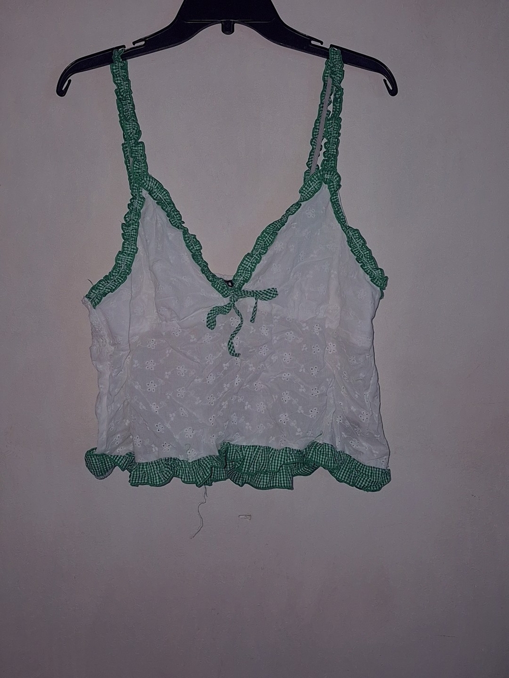 Fashion Nova White Eyelet Camisole with Green Gingham Trim